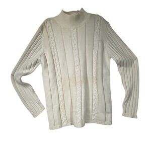 Yarnworks Cable Knit Mock Neck Sweater Women's Medium Ribbed Cream‎ Cotton